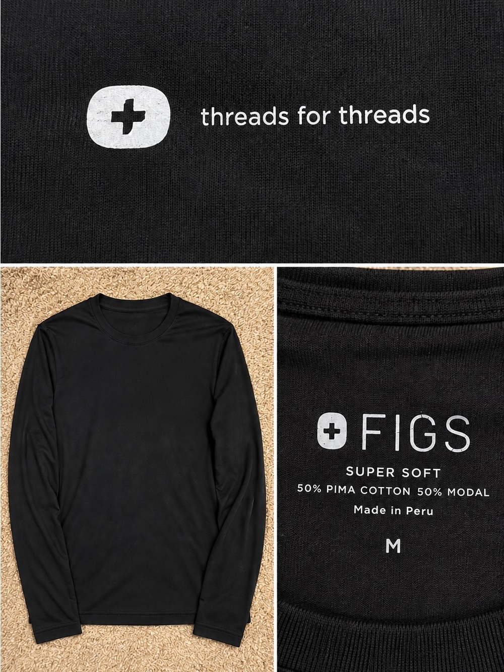 FIGS women’s Super Soft Long Sleeve Tee - Black